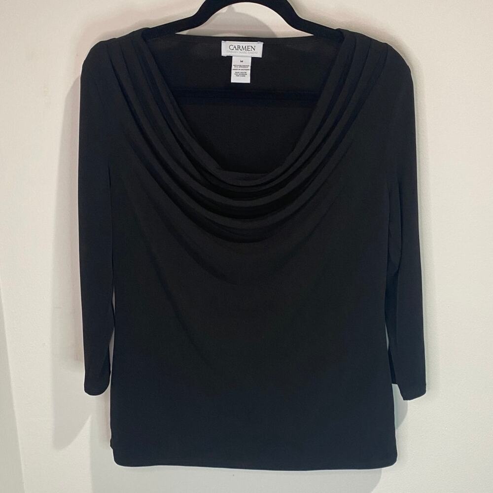 Carmen Cowl Neck Top Women’s M Black Poly Blend Draped Minimalist EUC